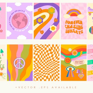 Puede incluir: Un conjunto de diez ilustraciones digitales en estilo retro de los a&ntilde;os 70 con fondos coloridos y signos de paz. Las ilustraciones presentan texto como "Have a good day, have a good life", "Think happy thoughts", "Forever chasing sunsets" y "Stay tripple little hippie".