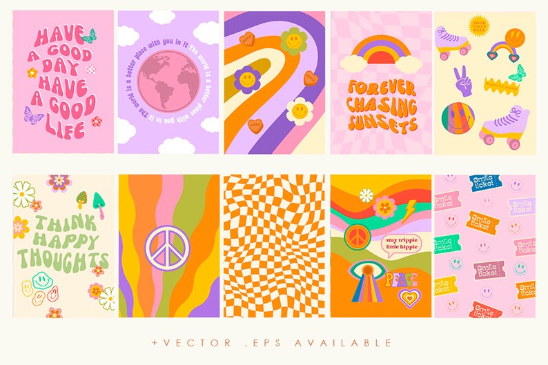 Puede incluir: Un conjunto de diez ilustraciones digitales en estilo retro de los a&ntilde;os 70 con fondos coloridos y signos de paz. Las ilustraciones presentan texto como "Have a good day, have a good life", "Think happy thoughts", "Forever chasing sunsets" y "Stay tripple little hippie".