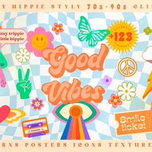 May include: A collection of groovy 70s and 90s style clipart featuring a rainbow, a peace sign, a mushroom, a butterfly, a heart, a cloud, a roller skate, a cassette tape, a smiley face, a flower, a lightning bolt, an eye, and the text "Good Vibes".