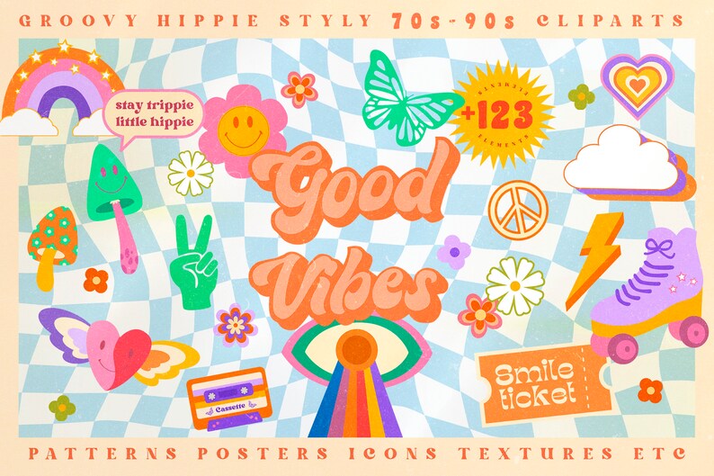 Puede incluir: Una colecci&oacute;n de clipart estilo groovy de los a&ntilde;os 70 y 90 con un arco&iacute;ris, un signo de paz, un hongo, una mariposa, un coraz&oacute;n, una nube, un pat&iacute;n, una cinta de casete, una cara sonriente, una flor, un rayo, un ojo y el texto "Good Vibes".