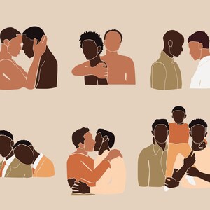 Puede incluir: Una ilustraci&oacute;n digital de varias parejas y familias, todas con hombres negros. Las ilustraciones son de estilo minimalista con l&iacute;neas simples y colores apagados.