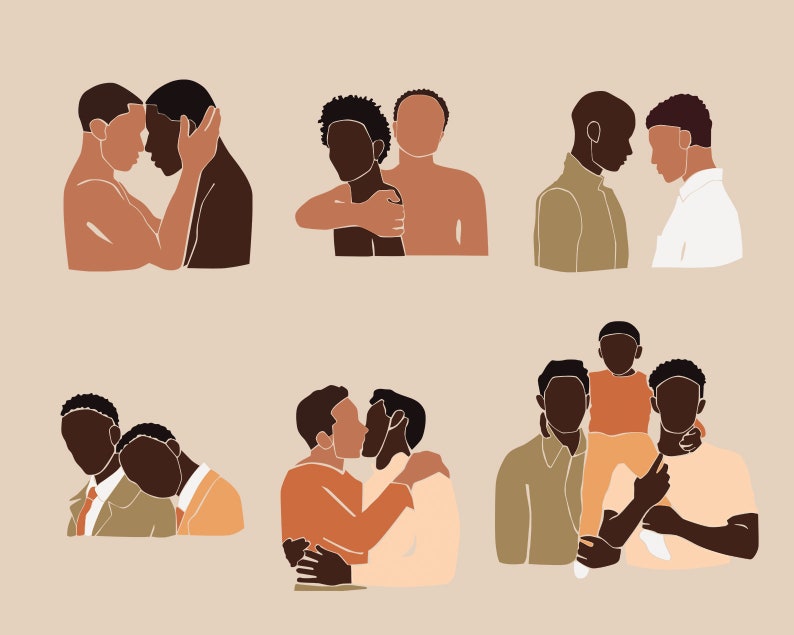 Puede incluir: Una ilustraci&oacute;n digital de varias parejas y familias, todas con hombres negros. Las ilustraciones son de estilo minimalista con l&iacute;neas simples y colores apagados.