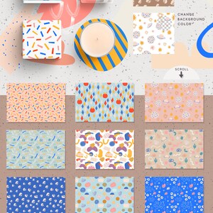 May include: A set of 12 seamless patterns featuring abstract shapes, geometric designs, and floral motifs in a variety of colours, including pink, blue, yellow, and green. The patterns are perfect for use in digital and print projects.