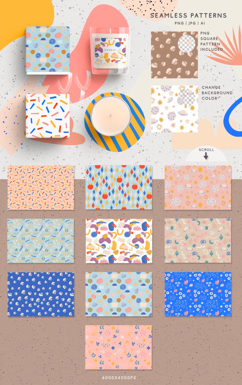 May include: A set of 12 seamless patterns featuring abstract shapes, geometric designs, and floral motifs in a variety of colours, including pink, blue, yellow, and green. The patterns are perfect for use in digital and print projects.