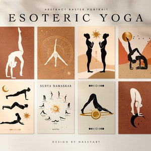 Yoga Celestial Mindful Boho Poster, Sonne Mond Sternzeichen Symbole, Meditation, Frauenpower, Frauenkörperästhetik