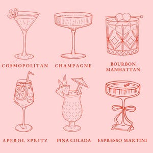 May include: Digital clipart illustration featuring six cocktail glasses: Cosmopolitan, Champagne, Bourbon Manhattan, Aperol Spritz, Pina Colada, and Espresso Martini. The text "DIGITAL CLIPART ILLUSTRATION" is on the left and right sides.