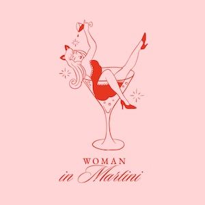 Catgirl mujer chica en Martini Glass Clipart SVG PNG, despedida de soltera icono boceto contorno, imágenes prediseñadas caprichosas dibujadas a mano