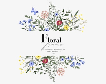 水彩画の野花の草原の花のフレームの夏のクリップアート、png の花の境界線の水彩画のクリップアート、結婚式のクリップアート