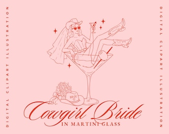 May include: Digital clipart illustration of a cowgirl bride in a martini glass. The illustration is in a line art style with a red outline on a pink background. The cowgirl wears a hat, veil, and boots. Text reads "Cowgirl Bride in Martini Glass."