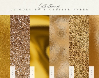 May include: Collection of 25 gold foil glitter paper textures. The papers have different patterns and finishes, including glitter, foil, and embossed.