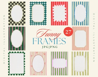 Könnte beinhalten: Eine Sammlung von 9 farbenfrohen digitalen Rahmen mit verschiedenen Formen und Mustern, darunter Streifen und Karos. Der Text "Funny Frames" ist in einer dekorativen Schriftart dargestellt, mit "27" in einem roten Kreis. JPG | PNG.