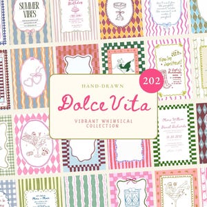 May include: A selection of hand-drawn invitation cards with diverse designs. The cards showcase frames, patterns, and illustrations in pastel shades. The text "Dolce Vita" and "Vibrant Whimsical Collection" are on a central card, with the number "202" in a pink circle.