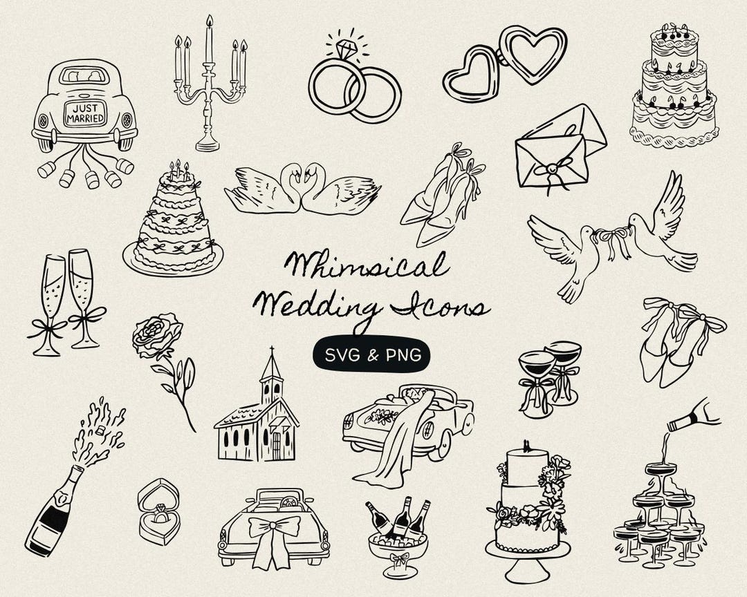 Whimsical Wedding Hand Drawn Illustrations SVG PNG, Wedding Doodles ...