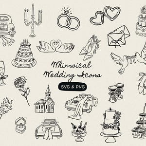Whimsical Wedding Hand Drawn Illustrations SVG PNG, Wedding Doodles, Bridal Invite, Champage Tower, Celebration Icon, Wedding Cake Clipart