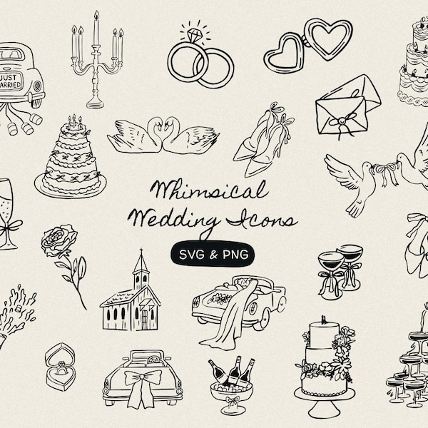 May include: Black and white line art illustrations of wedding-themed icons, including a car with "Just Married" on the back, wedding rings, a cake, doves, champagne glasses, and a church. Text reads "Whimsical Wedding Icons".
