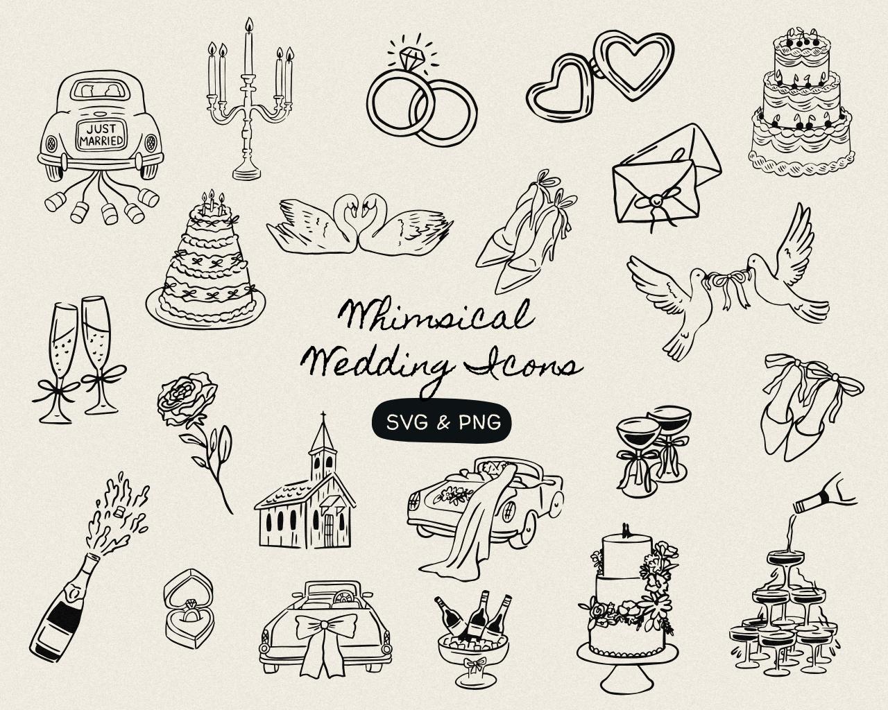 Whimsical Wedding Hand Drawn Illustrations SVG PNG, Wedding Doodles ...