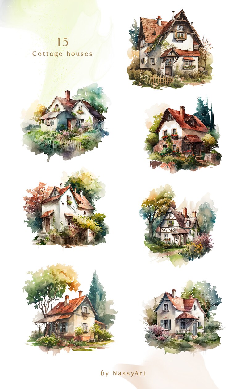 Cottage Country Houses Watercolor Clipart Cute Farmhouse Clip - Etsy