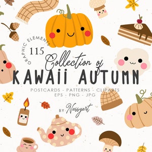Clipart automne Kawaii automne confortable jeu de cartes postales, modèles sans couture d'automne, citrouilles mignonnes, éléments abstraits d'automne