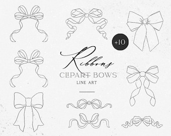 10 Ribbons Bows Line Clip Art, Tied Bow Tie, Vector EPS ribbon Clipart, Girl Bows, Bow vintage frames clipart