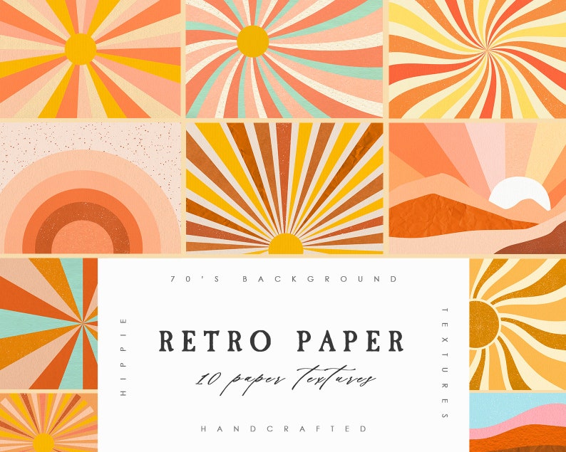 May include: A set of 10 digital paper textures in a retro 70s style. The papers feature a variety of sunburst patterns in shades of orange, yellow, pink, and blue. The text "Retro Paper" is written in a handwritten font on a white background.