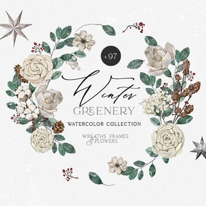 Molduras de guirlandas em aquarela de Natal de inverno - clipart de férias - buquês de flores de inverno - guirlandas de casamento