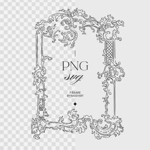 May include: Black and white digital illustration of an ornate frame with scrolling floral and leaf designs. The frame has a rectangular shape with a decorative top and bottom. Text includes "PNG svg" and "FRAME BY NASSYART".