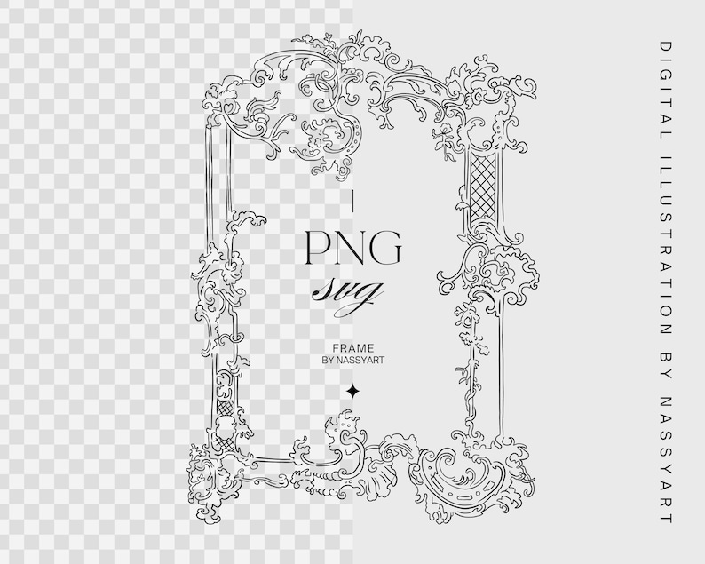 May include: Black and white digital illustration of an ornate frame with scrolling floral and leaf designs. The frame has a rectangular shape with a decorative top and bottom. Text includes "PNG svg" and "FRAME BY NASSYART".