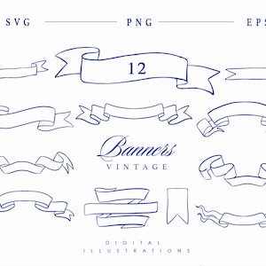 Vintage Banner Bänder Hochzeit Blank Banner Vektor Clip Art, viktorianische Stiftarbeit Blühende Schleife SVG PNG JPG