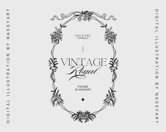 Floral Ribbon Frame SVG, Baroque Botanical Frame SVG, Vintage Chinoiserie Line Clipart PNG, Vintage Borders, Wedding Frame, Victorian Frame