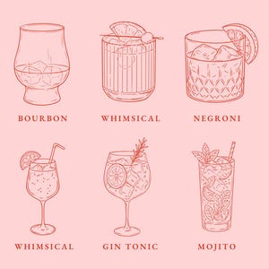 May include: Digital clipart illustration of six cocktails in etched style. The drinks include a Bourbon, Whimsical, Negroni, Whimsical, Gin Tonic, and Mojito. The image is in shades of red on a pink background.