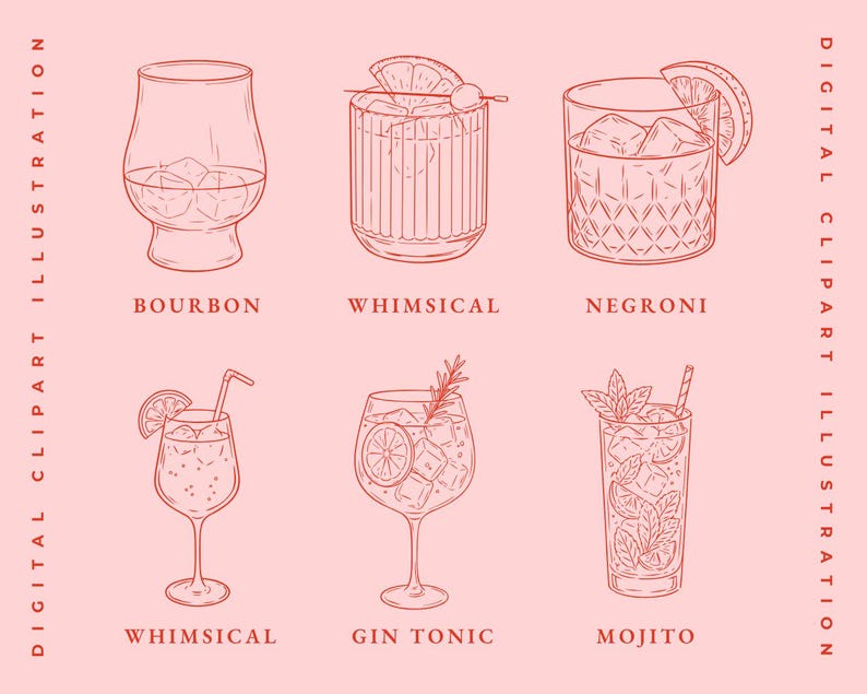 May include: Digital clipart illustration of six cocktails in etched style. The drinks include a Bourbon, Whimsical, Negroni, Whimsical, Gin Tonic, and Mojito. The image is in shades of red on a pink background.