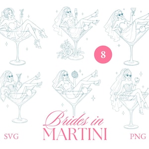 Könnte beinhalten: Digitale Illustration von sechs Bräuten in Martinigläsern, jede in einer anderen Pose, mit Brautkleidern und Sonnenbrillen. Der Text "Brides in Martini", "SVG" und "PNG" ist enthalten. Ein rosa Kreis mit der Zahl "8" ist ebenfalls vorhanden.