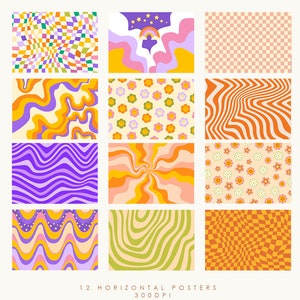 Puede incluir: Doce p&oacute;sters de arte digital abstracto con patrones retro de los a&ntilde;os 70 en varios colores, incluyendo naranja, amarillo, verde, morado, rosa y azul. Los p&oacute;sters presentan l&iacute;neas onduladas, patrones a cuadros y dise&ntilde;os florales.