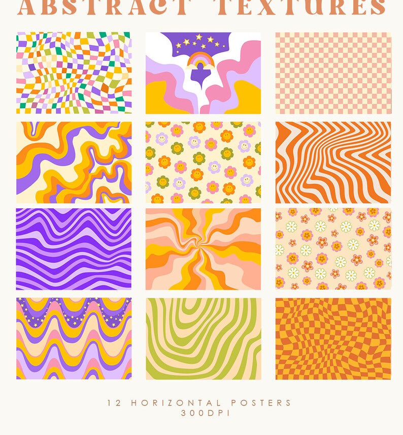 Puede incluir: Doce p&oacute;sters de arte digital abstracto con patrones retro de los a&ntilde;os 70 en varios colores, incluyendo naranja, amarillo, verde, morado, rosa y azul. Los p&oacute;sters presentan l&iacute;neas onduladas, patrones a cuadros y dise&ntilde;os florales.