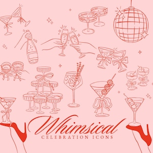 Icone di celebrazione in formato SVG, brindisi Martini, cocktail in formato SVG, palla da discoteca in formato SVG, festa di matrimonio, clip art della torre dello champagne