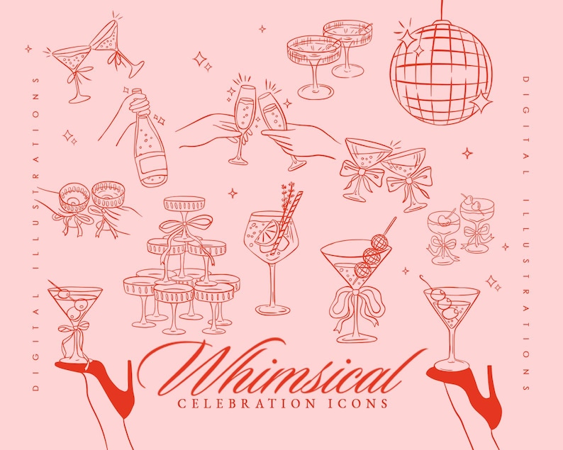 May include: Digital illustrations of celebratory icons in red on a pink background. The image includes champagne glasses, a disco ball, and martini glasses. Text reads "Whimsical Celebration Icons."