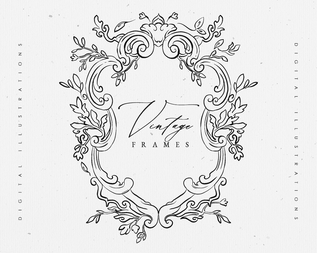 Vintage Floral Line Art Frame, Baroque Wedding Clipart Crest Frame Invite,  Black White Flower Frame PNG - Etsy Finland, image size:1080x864