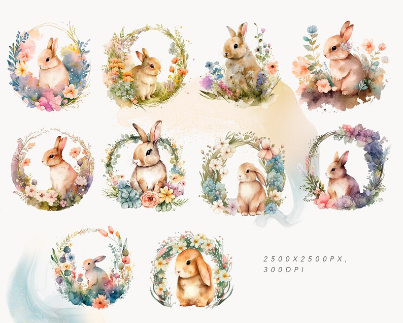 Watercolor Bunnies Rabbits Clipart Bundle - 10 Easter Watercolor ...