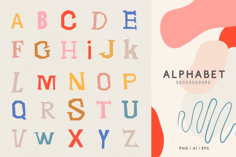 May include: A colourful alphabet with letters in a variety of colours and styles. The letters are arranged in alphabetical order. The background is a light beige colour.
