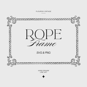 May include: A black and white illustration of a rectangular rope frame with decorative corner flourishes. The text "ROPE Frame" is centered within the frame, with "SVG & PNG" below. The words "VINTAGE LINE ART ILLUSTRATION" and "FLOURISH VINTAGE" are also present.