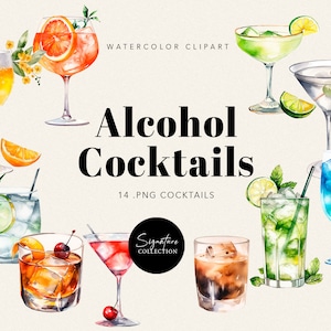 Cocktails d’alcool signature aquarelle, boissons du menu du bar de mariage, boissons alcoolisées du menu du bar d’été Clipart