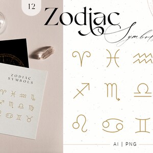 May include: A set of 12 gold zodiac symbols on a white background. The symbols are arranged in three rows of four. The text "ZODIAC SYMBOLS" is at the top of the image. The text "AI | PNG" is at the bottom of the image.