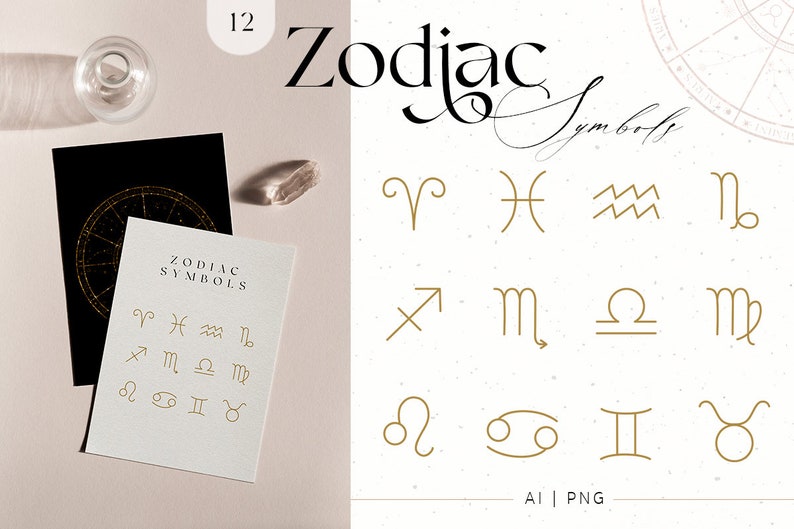 May include: A set of 12 gold zodiac symbols on a white background. The symbols are arranged in three rows of four. The text "ZODIAC SYMBOLS" is at the top of the image. The text "AI | PNG" is at the bottom of the image.