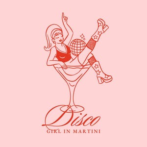 Chica disco en copa de martini SVG, Clipart de cóctel retro de mujer, Despedida de soltera, Martini sucio, Chica con bola de discoteca