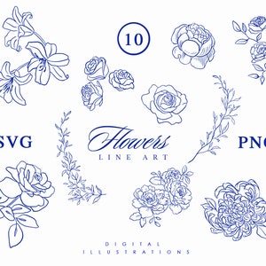 10 Floral Line Art, Botanical Line Art SVG, Clipart, Fleurs de mariage, Fleurs et plantes vectorielles dessinées à la main