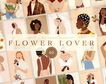 Abstract Women Spring Summer Floral Flowers Portrait, Boho Minimal Female Faceless clip art Posters