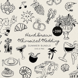 Whimsical Wedding SVG Clipart Bundle, Summer Food Cherub Icons, Wedding Doodle Invitation, Menu, Bridal Shower Invites, Wavy Squiggle Border