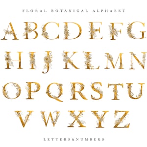 Alfabeto floral botánico Letras doradas Números Invitación de boda Monograma Logotipo nupcial Clipart PNG Hojas Flores