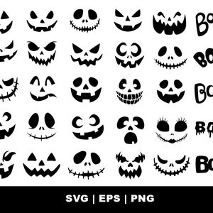 Lot de visages Svg Halloween, Jack O Lantern visages, Svg citrouille silhouette visage, Clipart Halloween, Svg expression huée, dents de monstre effrayantes