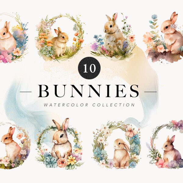 Watercolor Bunnies Rabbits Clipart Bundle - 10 Easter watercolor flowers PNG - Cute Little Bunnies - Digital Planner